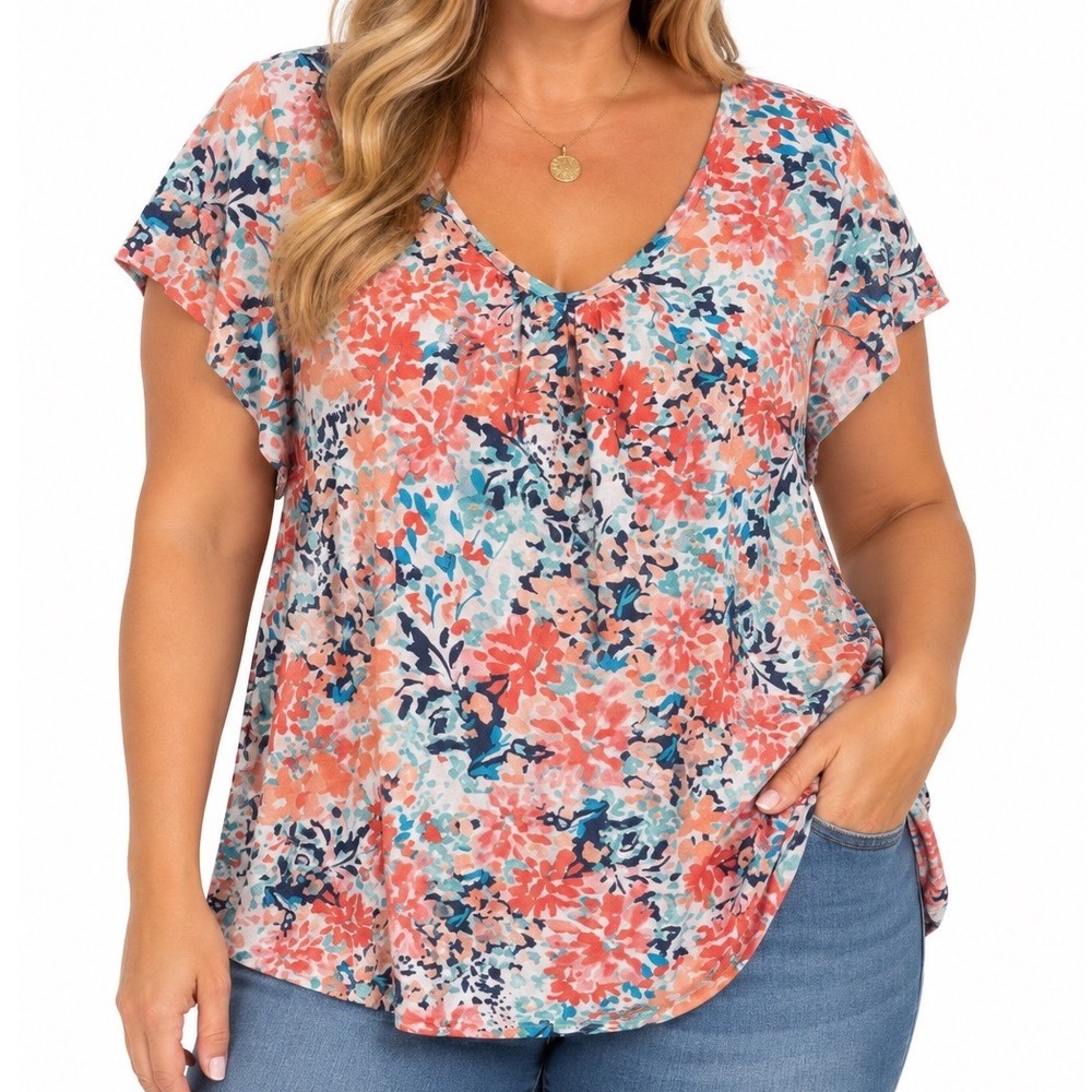 St Johns Bay Floral V-Neck Top Short Flutter Sleeve Coral Blue Plus Size 2X